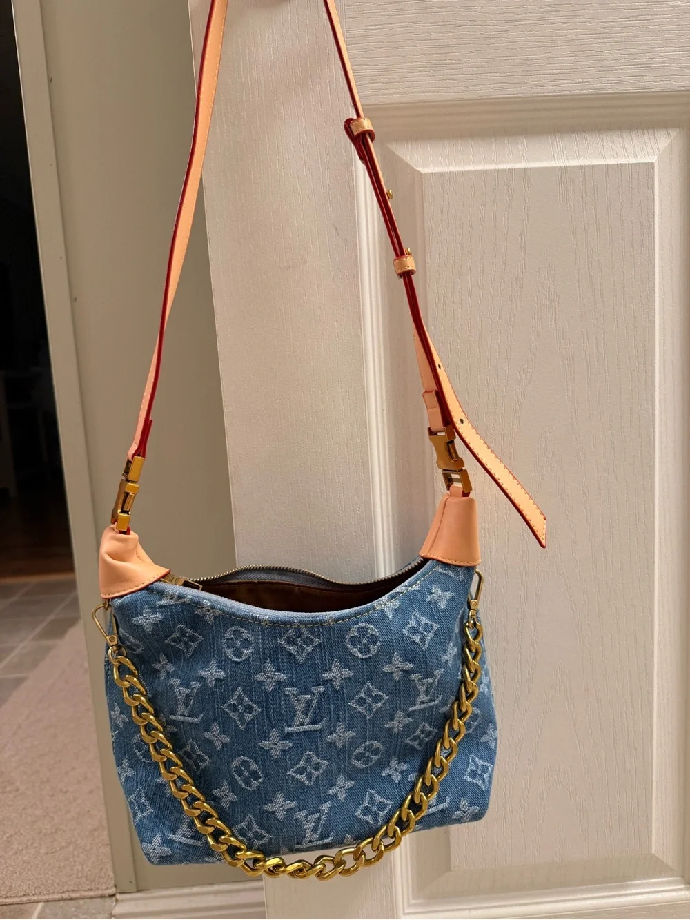 Denim Monogram Shoulder Bag with Gold Chain - Picture 2 of 7